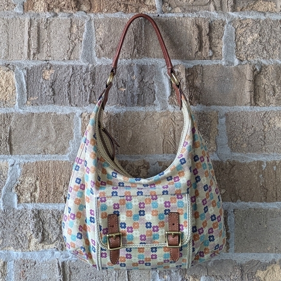 Fossil Tate Hobo Shoulder Bag Natural Floral Canvas Leather Y2K - Picture 1 of 15